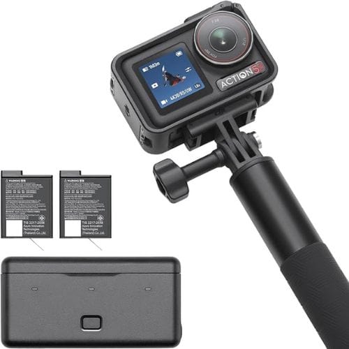 High-quality action camera with dual batteries and selfie stick for travel adventure videos.