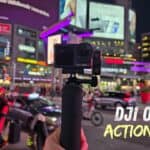 Street nightlife busy city illuminated with neon lights for vlogging and travel content.