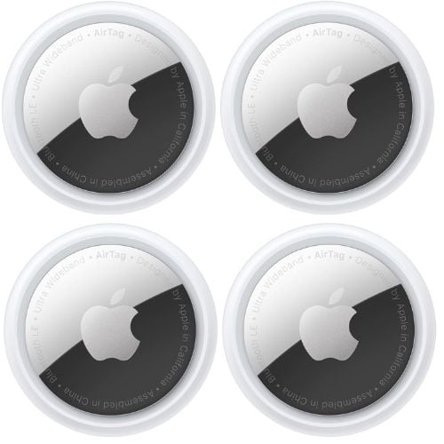 Apple AirTag icons with the Apple logo, packaged as travel accessories for tracking luggage.