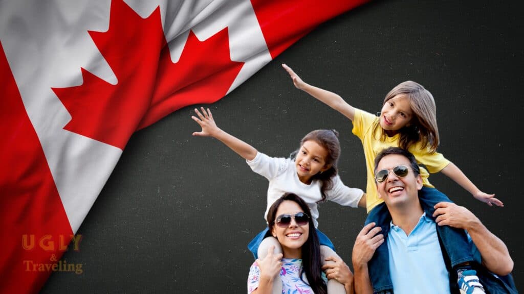Canadian flag waving, happy family traveling in Canada, exploring the country together.