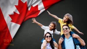 Canadian flag waving, happy family traveling in Canada, exploring the country together.