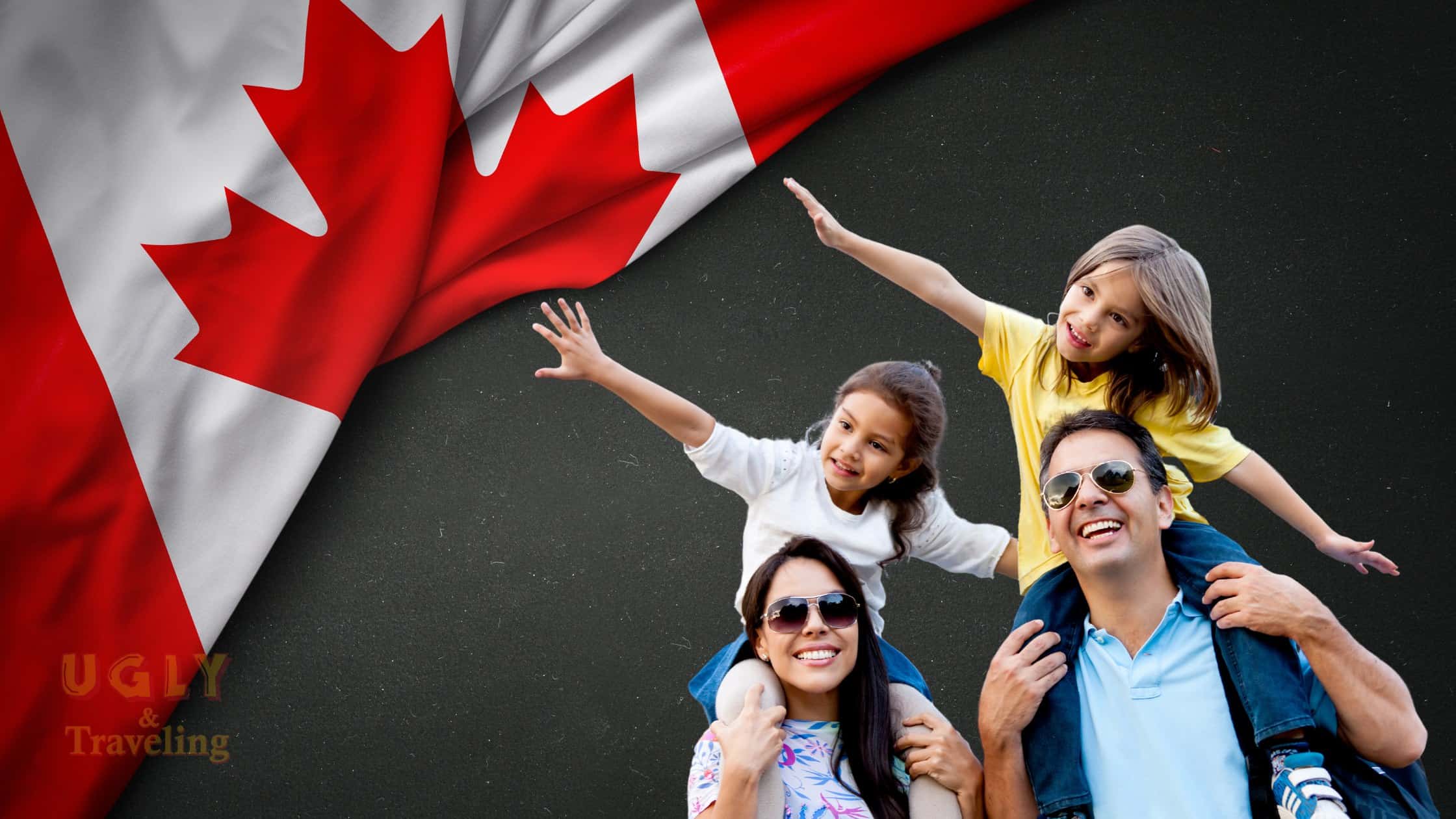 Canadian flag waving, happy family traveling in Canada, exploring the country together.